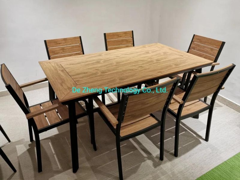 Aluminium Hotel Outdoor Dining Restaurant Rectangle Teak Wood Table for 6 People