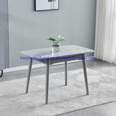 Okay Modern Minimalist Rectangular Extendable Sintered Stone Dining Table Set with Light Grey Marble Table Top Solid Ash Wood Frame