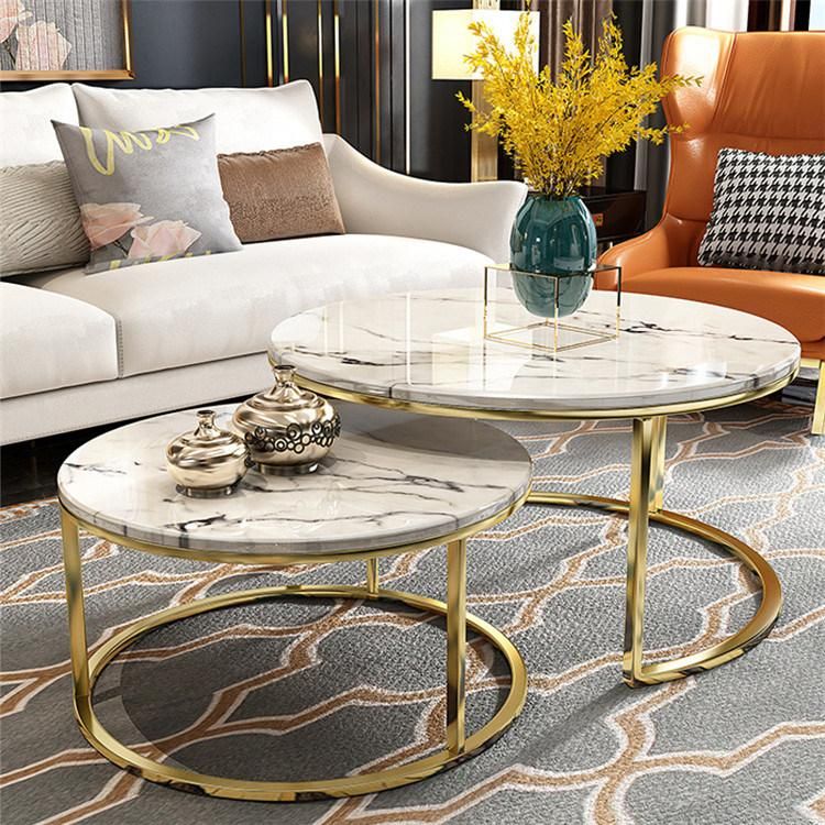 Modern Living Room Furniture Gold Stainless Steel Legs Round Marble Top Nesting Coffee Table Set