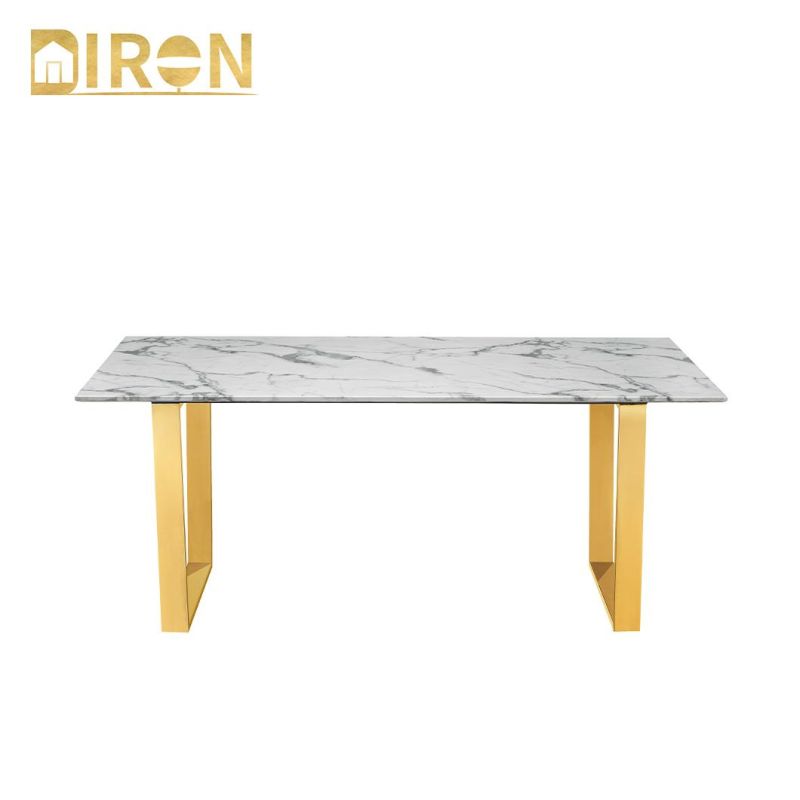 Factory Modern Luxury Restaurant Home Dining Kitchen Furniture Marble Top Stainless Steel Golden White Dining Table Set