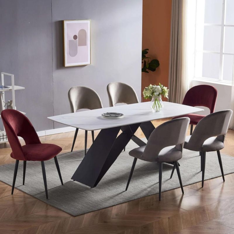 Hot Sellling Italia Marble White Ceramic Dining Table with Black Metal Frame