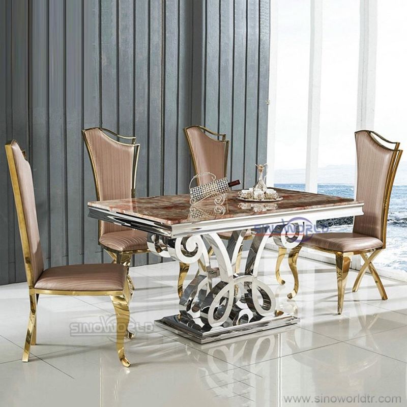 Modern Home Restaurant Furniture Set Stainless Steel Marble Dining Room Table