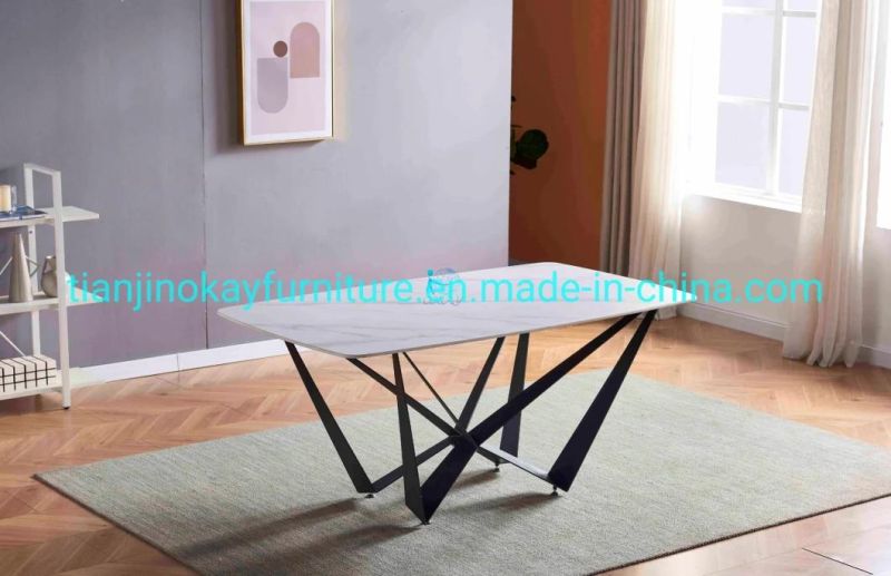 Modern Ceramic Top White Rectangle Dining Table with 4 Chairs Carbon Steel Base 4 People Dining Table