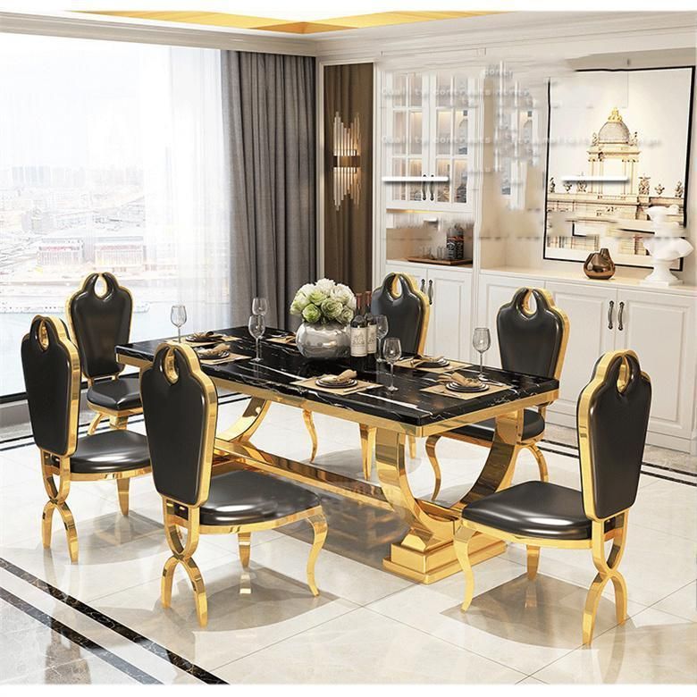 Living Room Furniture Home Hotel Restaurant Dining Set Marble Glass Top Metal Stainless Steel Pedestal Dining Chair Table