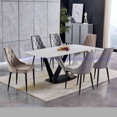 Modern Ceramic Top White Rectangle Dining Table with 6 Chairs Carbon Steel Base 6 People Dining Table