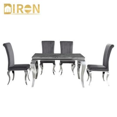 Home Hotel Restaurant Dining Set Marble Glass Top Metal Stainless Steel Pedestal Dining Chair Table