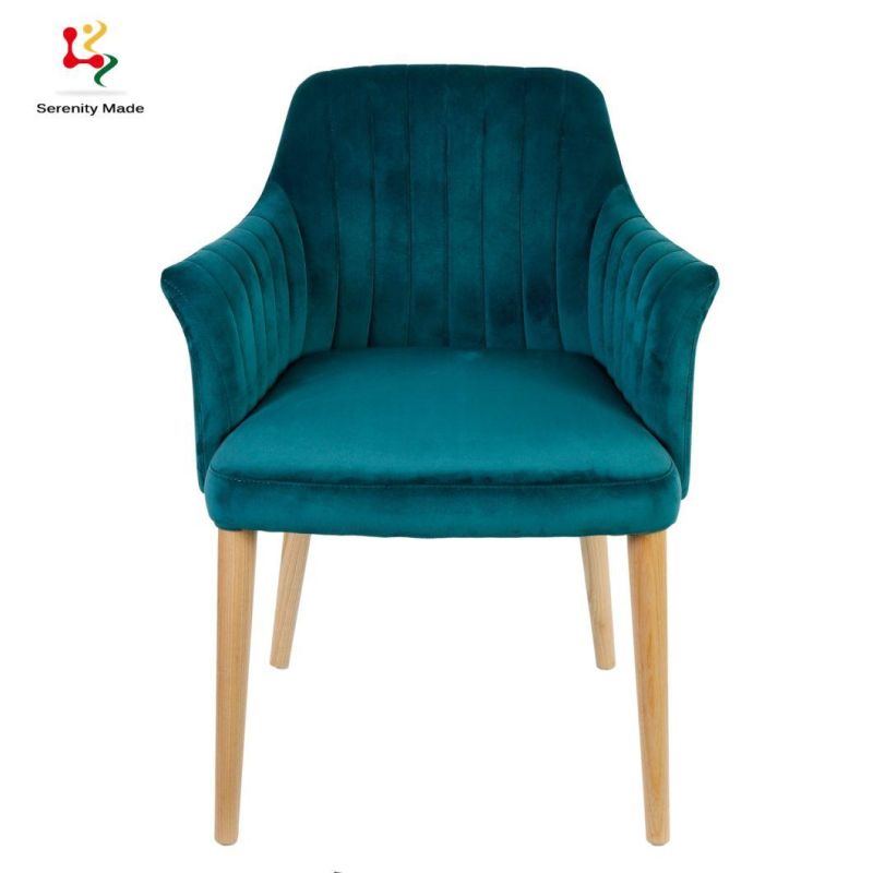 Modern Blue Velvet Upholstered Wooden Dining Armchair