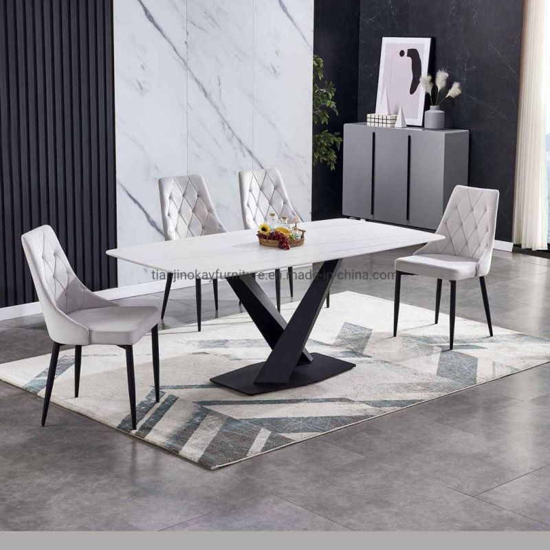 Marble Surface Slate Sintered Stone Top Modern Bulgaria Grey Color Ceramic Table with Metal Base Dining Table Sets