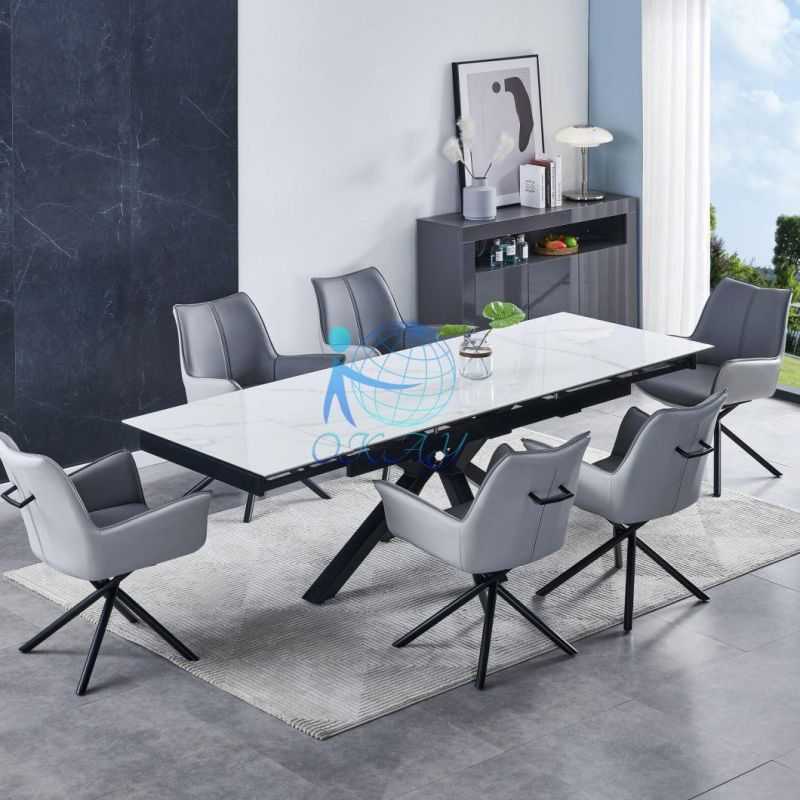 2022 New Design High Gloss Ceramic Top Extentable Big Size Dining Table with Metal Base