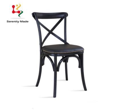 Wholesale Event Hire Furniture Black Wooden Cross Back Wedding Banquet Stackable Bentwood PU Leather Seat Dining Chair