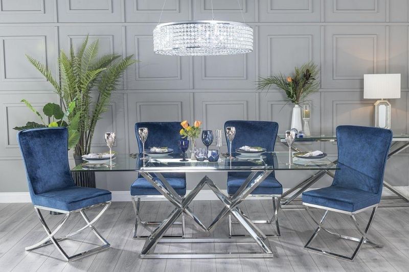 High Quality Luxury Cross Base Stainless Steel Dining Chair Silver X Frame Velvet Upholstered Dining Chair