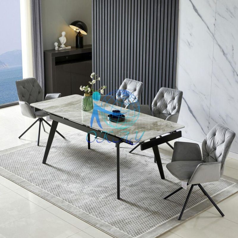 Modern Furniture Luxury Folding Extendable Dining Table Sets Sintered Stone Ceramic Italia Grey Marble Dining Table with Chairs