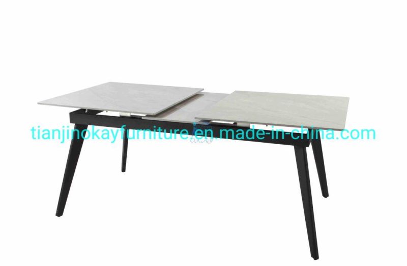 Modern Ceramic Top White Rectangle Dining Table with 4 Chairs Carbon Steel Base 4 People Dining Table