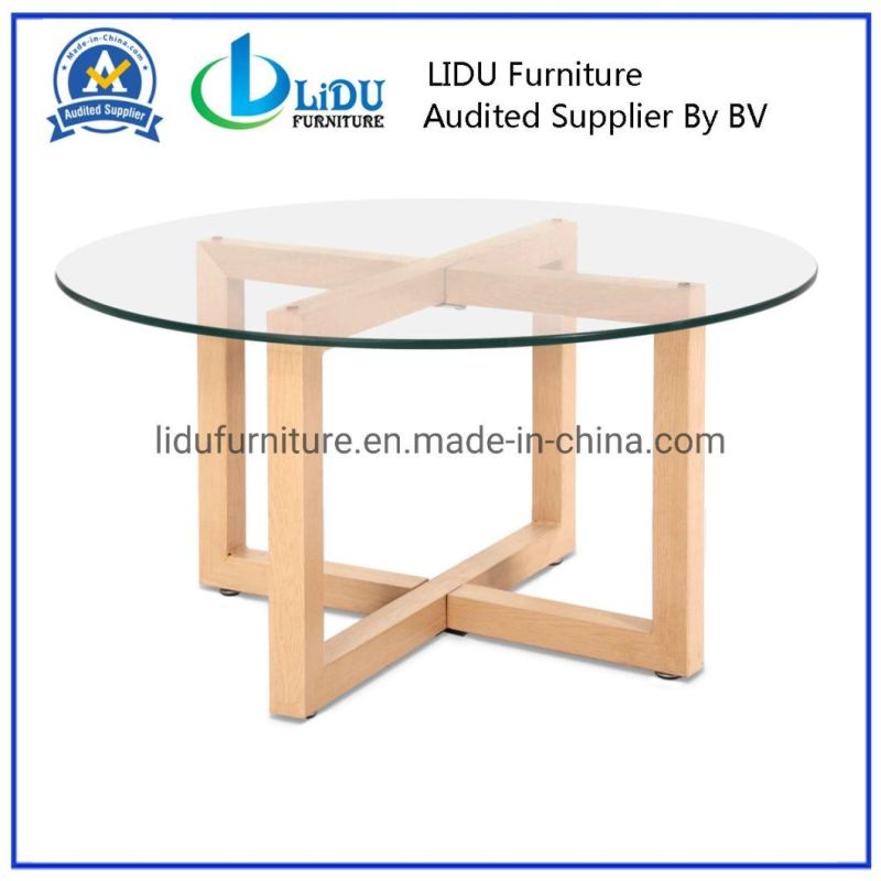 Glass Top Round Table Best Price Glass Transparent Round Coffee Dining Table with Wooden Legs