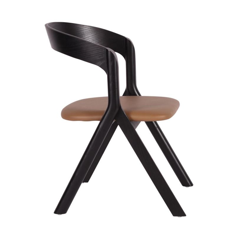 Simple Design Black Wooden Frame Brown Fabric Dining Chair for Restaurant Use