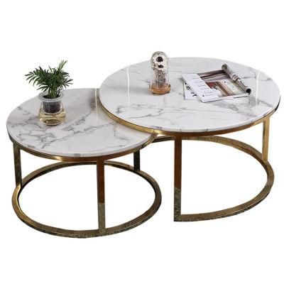 Modern Living Room Furniture Gold Stainless Steel Legs Round Marble Top Nesting Coffee Table Set