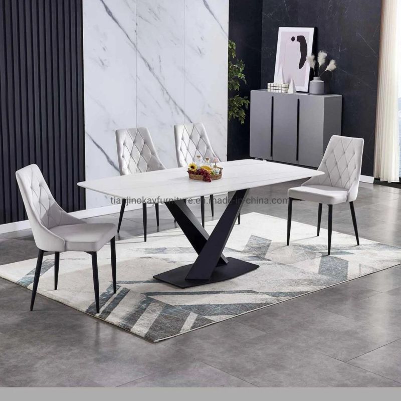 Marble Surface Slate Sintered Stone Top Modern White Gold Color Ceramic Table with Metal Base Dining Table Sets