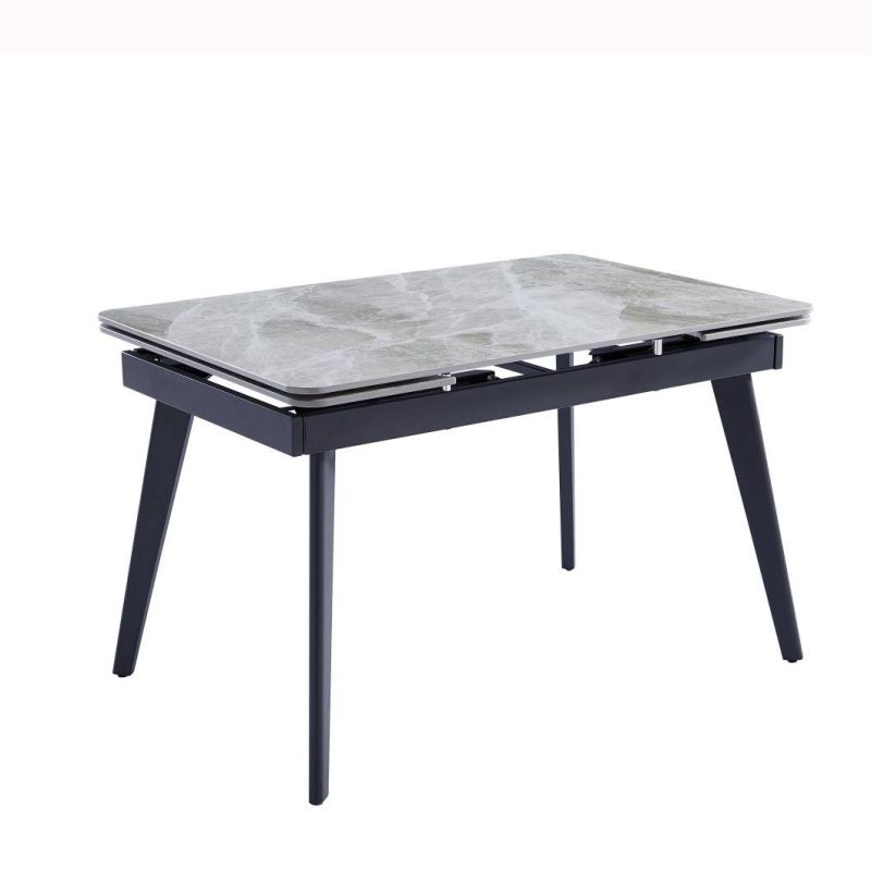 2021 Best Selling Italia Snow White Ceramic Dining Table Two Side Top Extension with Black Metal Legs