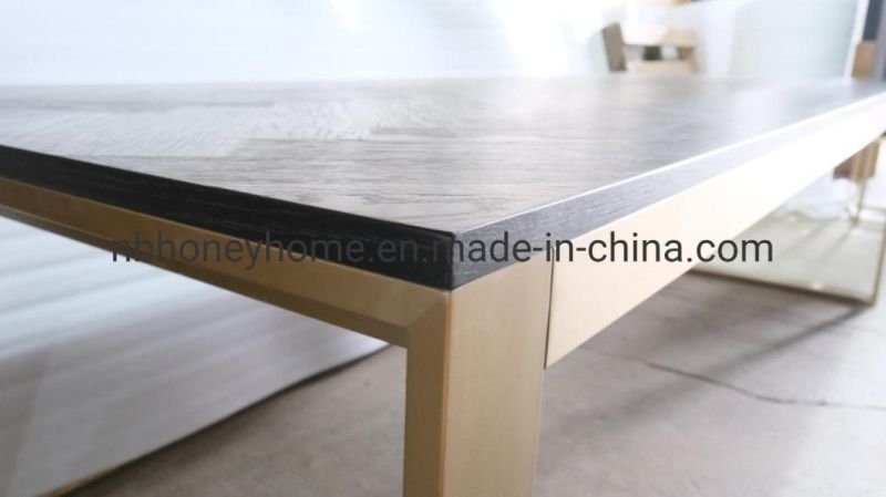 Oak Veneer Herringbone Top Stainless Steel U Shape Leg Dining Table