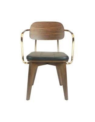 Vintage Style Wooden Base with Metal Armrest Dining Armchair with PU Cushion for Restaurant Use