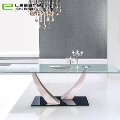 Modern Luxury Stainless Steel Base Top Glass Dining Table