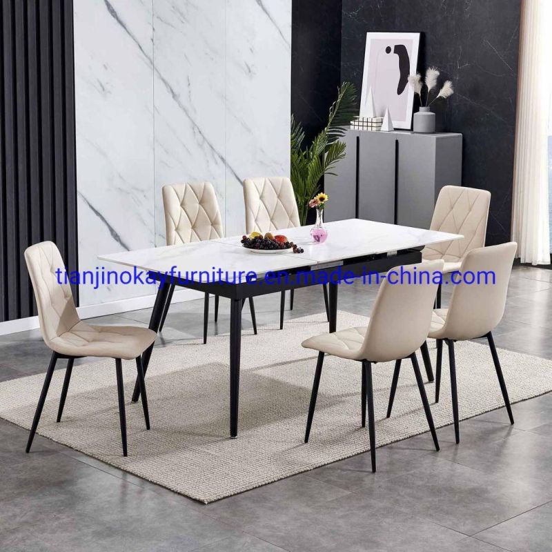 Okay Modern Ceramic Top White Rectangle Dining Table with 4 Chairs Carbon Steel Base 4 People Dining Table