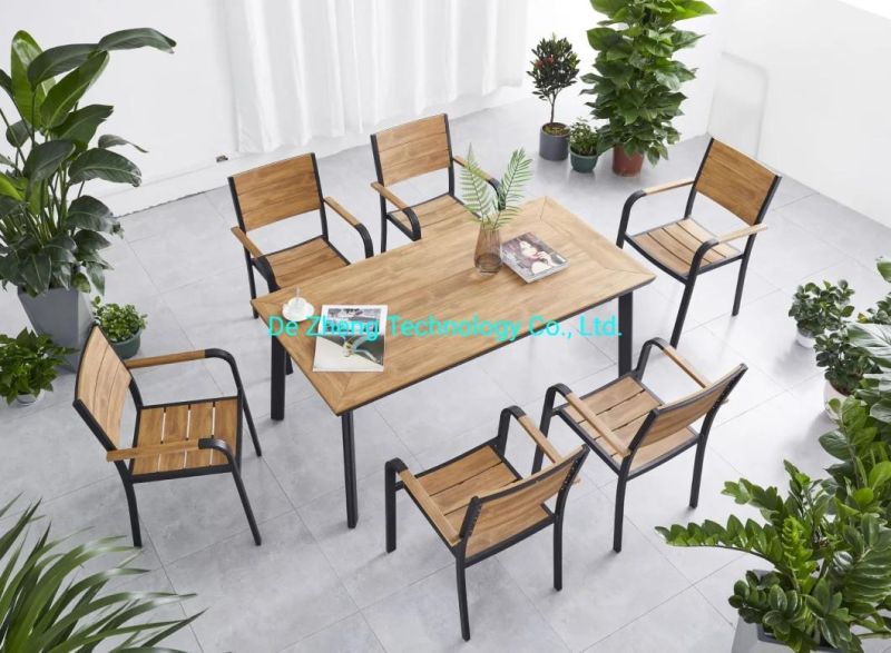 Aluminium Hotel Outdoor Dining Restaurant Rectangle Teak Wood Table for 6 People