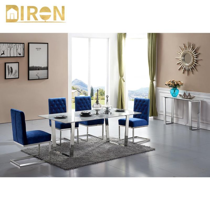 Living Room Furniture Home Hotel Restaurant Dining Set Marble Glass Top Metal Stainless Steel Pedestal Dining Chair Table