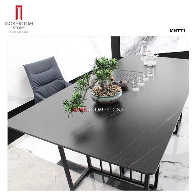 Big Size Custom Black Marble White Golden Veins Rectangle Porcelain Tile Dining Table Set