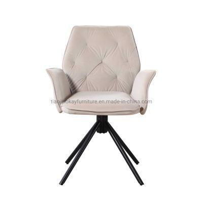 2021 Factory Direct Supply New Model Nice Beige Velvet Fabric Dining Chair with Black Powder Coating Legs