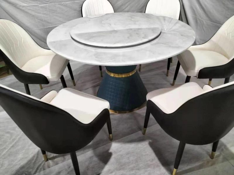 Marble Top Dining Table with Turntable Round Shape Unique Metal Base