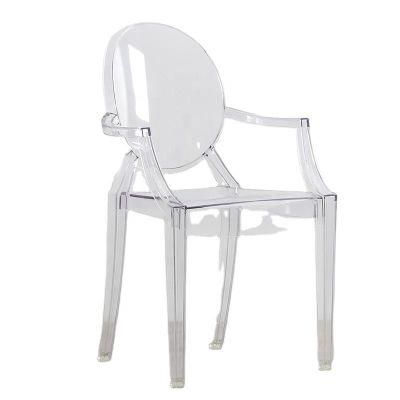 New Design Colorful PC Plastic Transparent Armrest Stackable Dining Chair