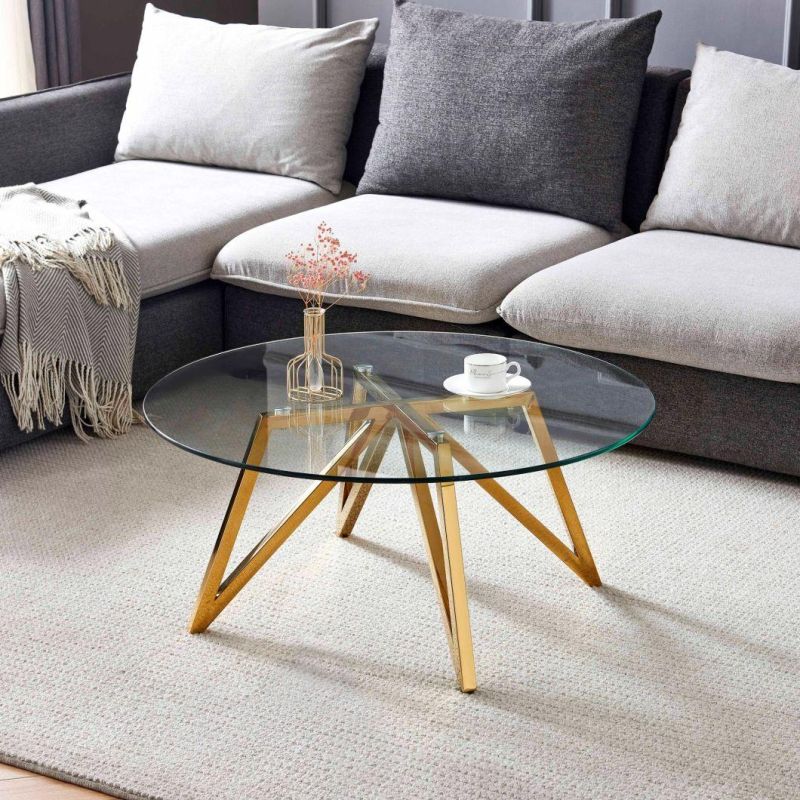 2022 Best Seller Home Furniture Modern Round Tempered Galss Table with Stainless Golden Chrome Legs