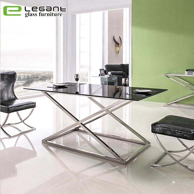 Black Painted Tempered Glass Dining Table with Stainless Steel Base