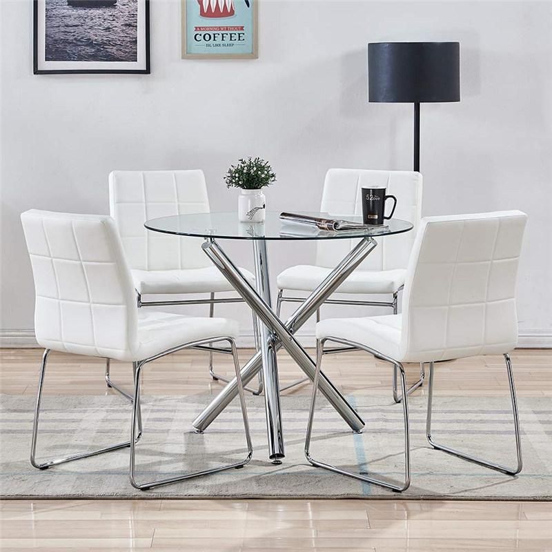 Tempered Glass Round Dining Table with Shiny Stainless Steel Legs