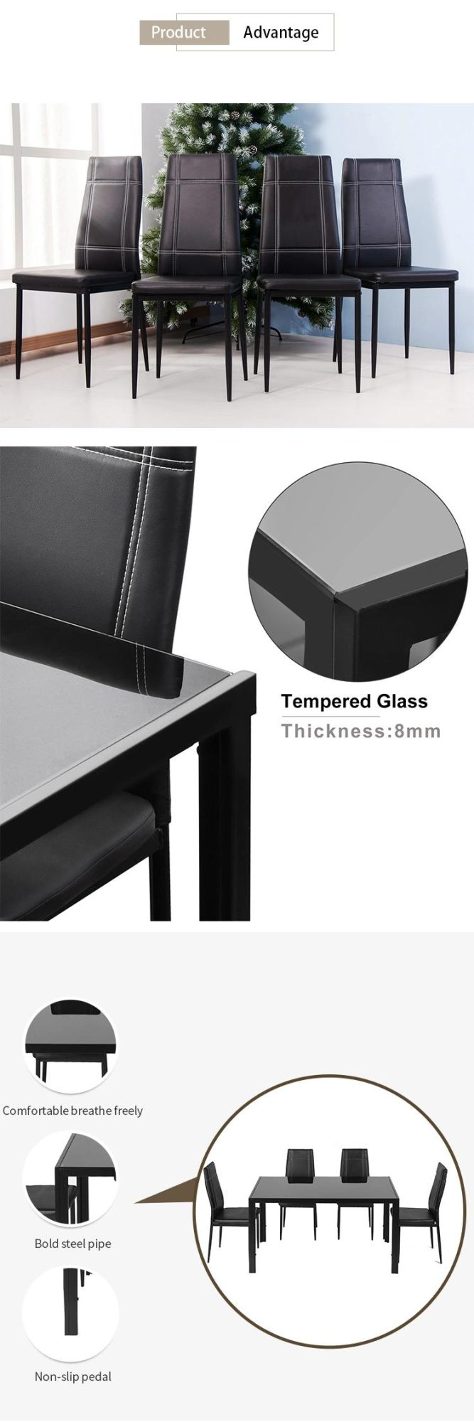 Nordic Style Cheap Price Tempered Glass Tables Leather Chairs Dining Room Furniture Dining Tables Set