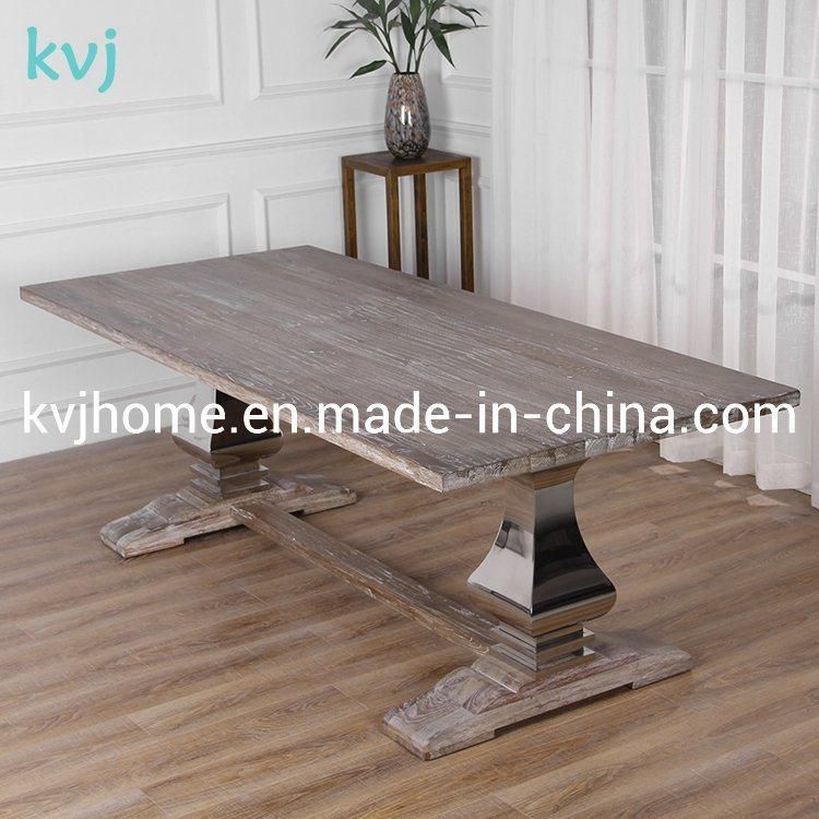 Kvj-7221-1 Reclaimed Oak Stainless Steel Legs Rectangle Antique Dining Table