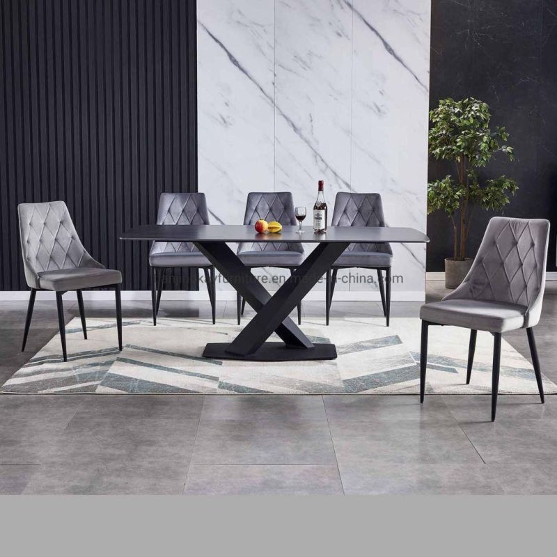 Marble Surface Slate Sintered Stone Top Modern Bulgaria Grey Color Ceramic Table with Metal Base Dining Table Sets