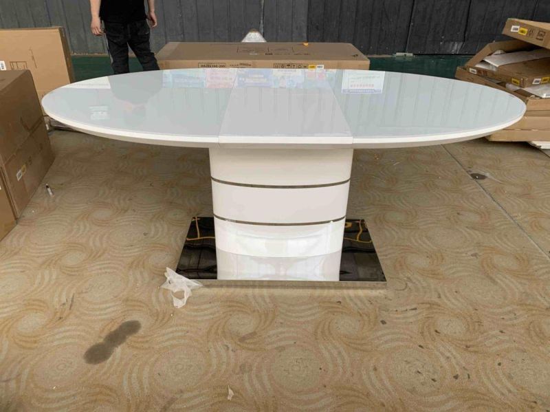 Moder Dining Room Furniture Oval MDF High Gloss Dining Table Covered Super White Glass on Top