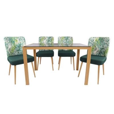 Factory Direct Modern Design Tempered Glass Table Set with 4 Velvet Fabric Chairs
