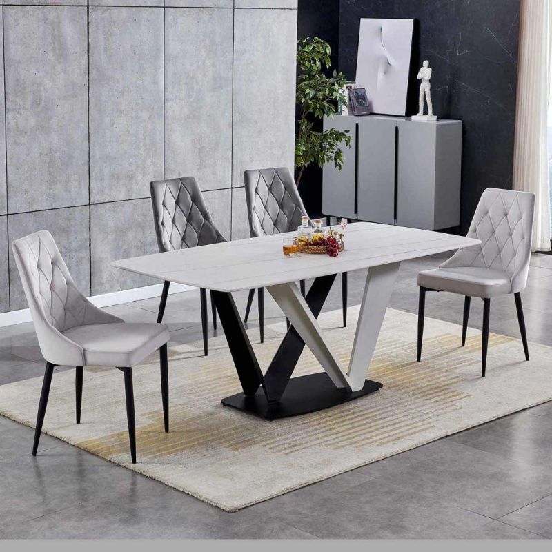 Modern Ceramic Top White Rectangle Dining Table with 6 Chairs Carbon Steel Base 6 People Dining Table