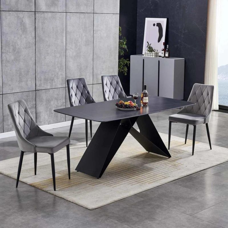 Modern Ceramic Top White Rectangle Dining Table with 6 Chairs Carbon Steel Base 6 People Dining Table