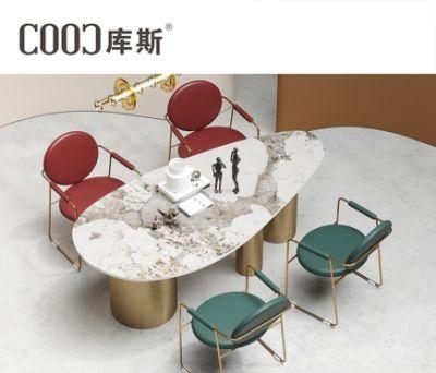 House Area 5 Star Hotel Designer Dining Table Slate Dining Room Set Circular Arc Table with Leather Chair