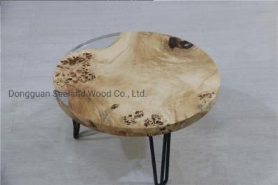 Custom Poplar Burl Wood Texture Epoxy Round Coffee Table for Modern Furniture