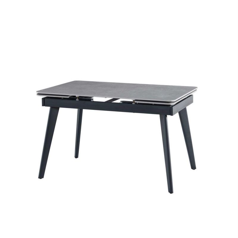 2021 Best Selling Italia Grey Ceramic Dining Table Two Side Top Extension with Black Metal Legs