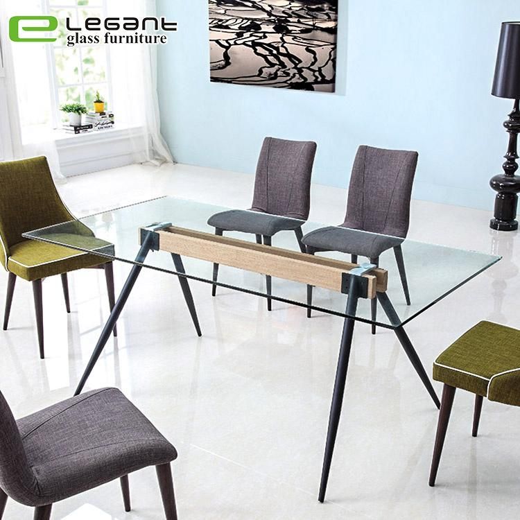 Tempered Glass Top Rectangular Dining Table with Solid Wood