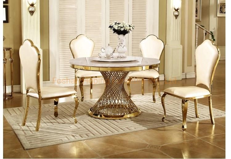 Classical Glass Top Dining Table with Gold Metal Stainless-Steel Frame Wedding Chair White Table Set