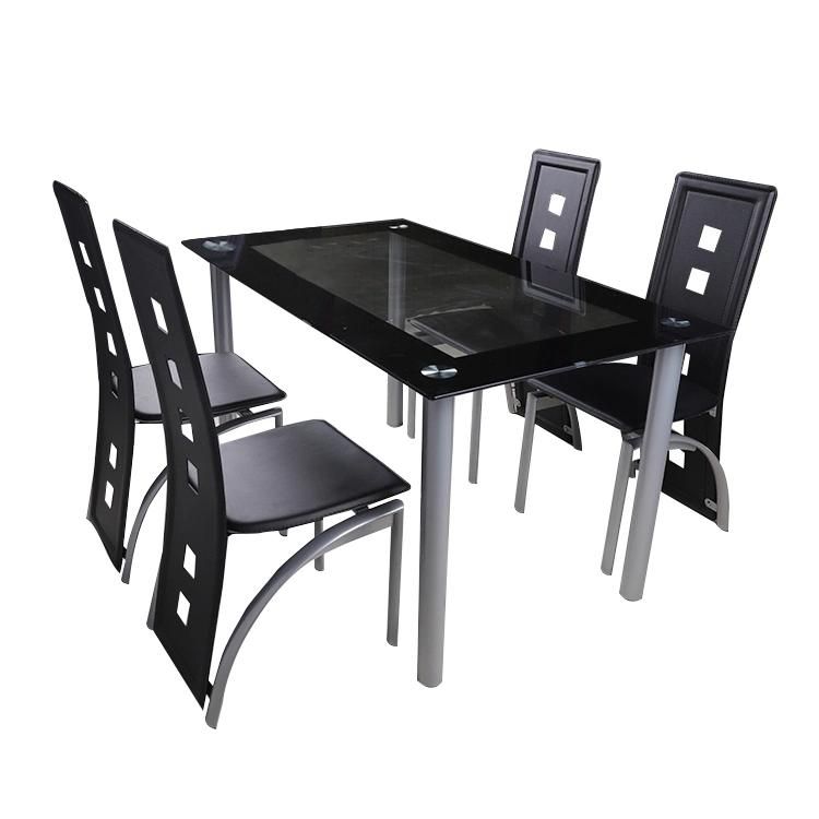 Space Saving Dining Table Set Painted Glass Table Top with Metal Tube Frame Dining Table with 4 PVC Chairs