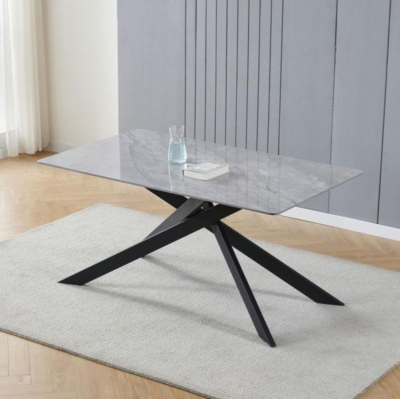 Modern Home Furniture Dining Room Black Metal Legs Ceramic Marble Dining Tables with High Gloss Sintered Stone Face