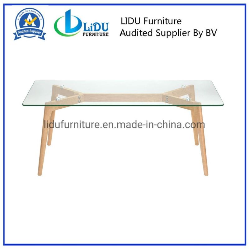 Best Price Glass Transparent Round Coffee Dining Table with Wooden Legs Wooden Dining Table